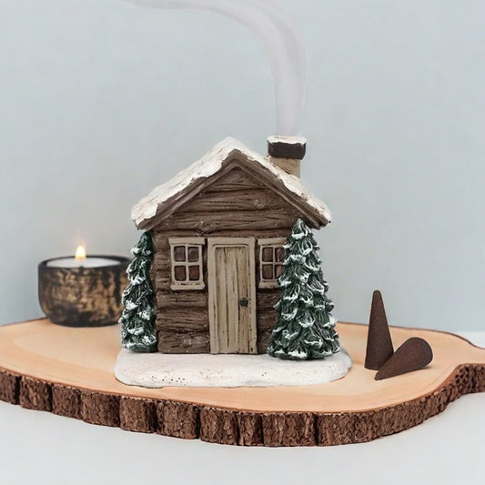 Snowy Winter Resin Log Cabin Incense Burner w/ 2 Cones - Holiday Home Decor Gift - GleeMart
