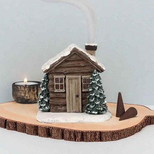 Snowy Winter Resin Log Cabin Incense Burner w/ 2 Cones - Holiday Home Decor Gift