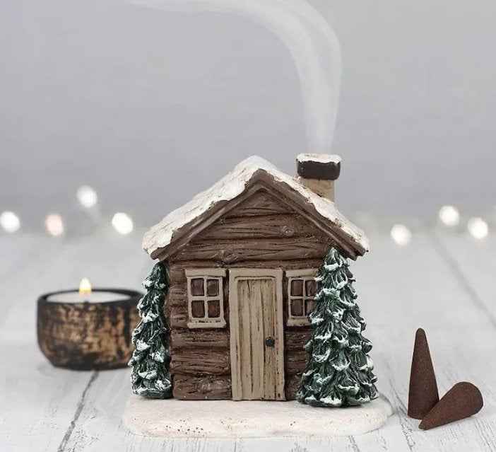 Snowy Winter Resin Log Cabin Incense Burner w/ 2 Cones - Holiday Home Decor Gift