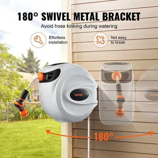 Wall-Mounted Retractable Hose Reel – 130ft x 5/8", Auto Rewind