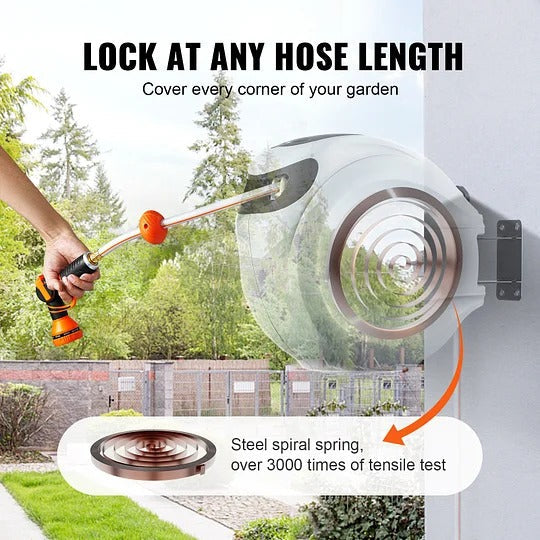 Wall-Mounted Retractable Hose Reel – 130ft x 5/8", Auto Rewind