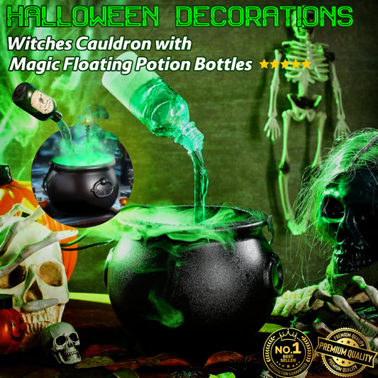 Witches Cauldron with Magic Floating Potion Bottles & Fog Maker - GleeMart