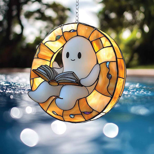 👻📚Ghost Reading Book Suncatcher Hanging Decor