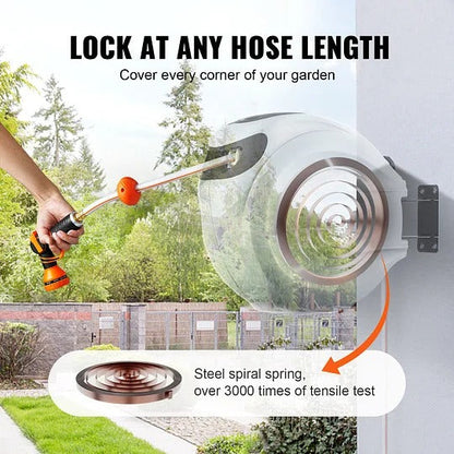 Wall-Mounted Retractable Hose Reel – 130ft x 5/8", Auto Rewind