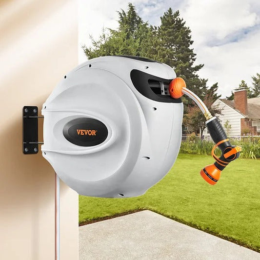 Wall-Mounted Retractable Hose Reel – 130ft x 5/8", Auto Rewind