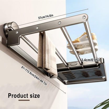 Retractable Wall Mounted Clothes Drying Rack with Mesh Net - Suction Cup Foldable Laundry Dryer