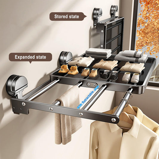 Retractable Wall Mounted Clothes Drying Rack with Mesh Net - Suction Cup Foldable Laundry Dryer