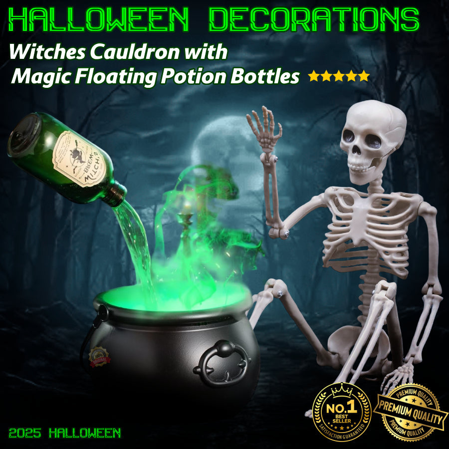 Halloween-Dekoration für den Innenbereich – Hexenkessel mit magischen schwimmenden Zaubertrankflaschen und Nebelmaschine 