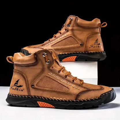 Men's Comfortable Handmade Leather Boots – Waterproof, Arch Support, Pressure Relief, Spacious Toe Box Outdoor Leather Shoes