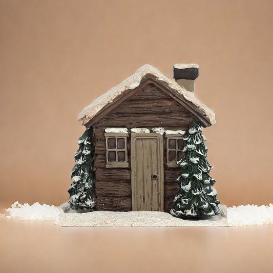 Snowy Winter Resin Log Cabin Incense Burner w/ 2 Cones - Holiday Home Decor Gift
