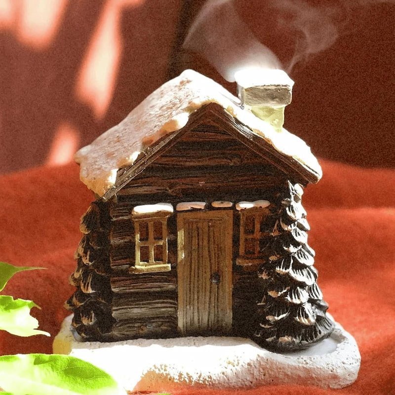 Snowy Winter Resin Log Cabin Incense Burner w/ 2 Cones - Holiday Home Decor Gift
