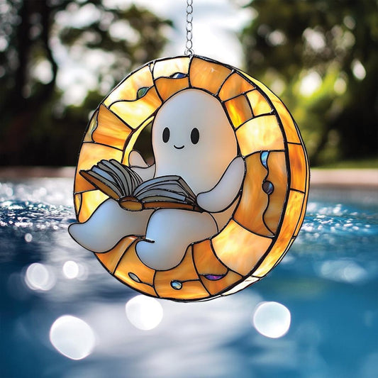 👻📚Ghost Reading Book Suncatcher Hanging Decor - GleeMart